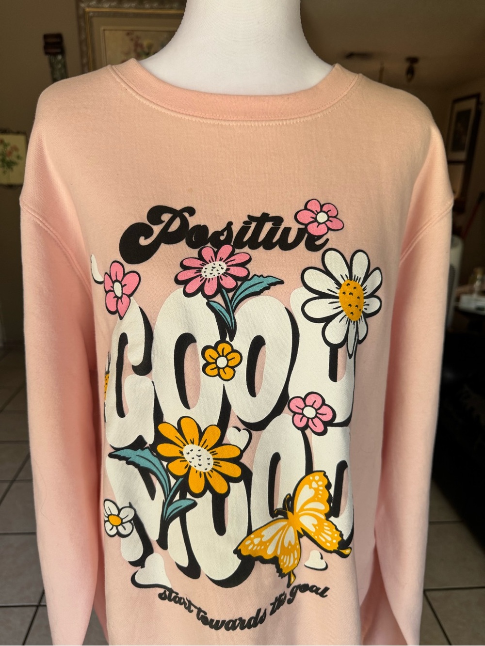 The Classic Pink Floral 'Positive Good Vibes' Crewneck